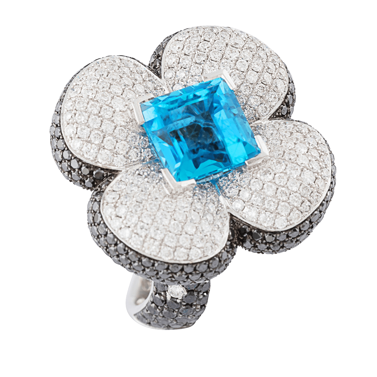 Large Flower Ring with blue topaz, Pave white and black diamond ring