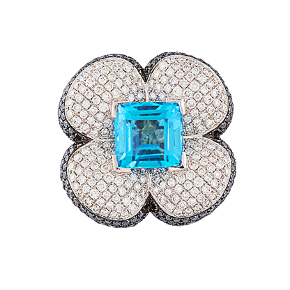 Large Flower Ring with blue topaz, Pave white and black diamond ring