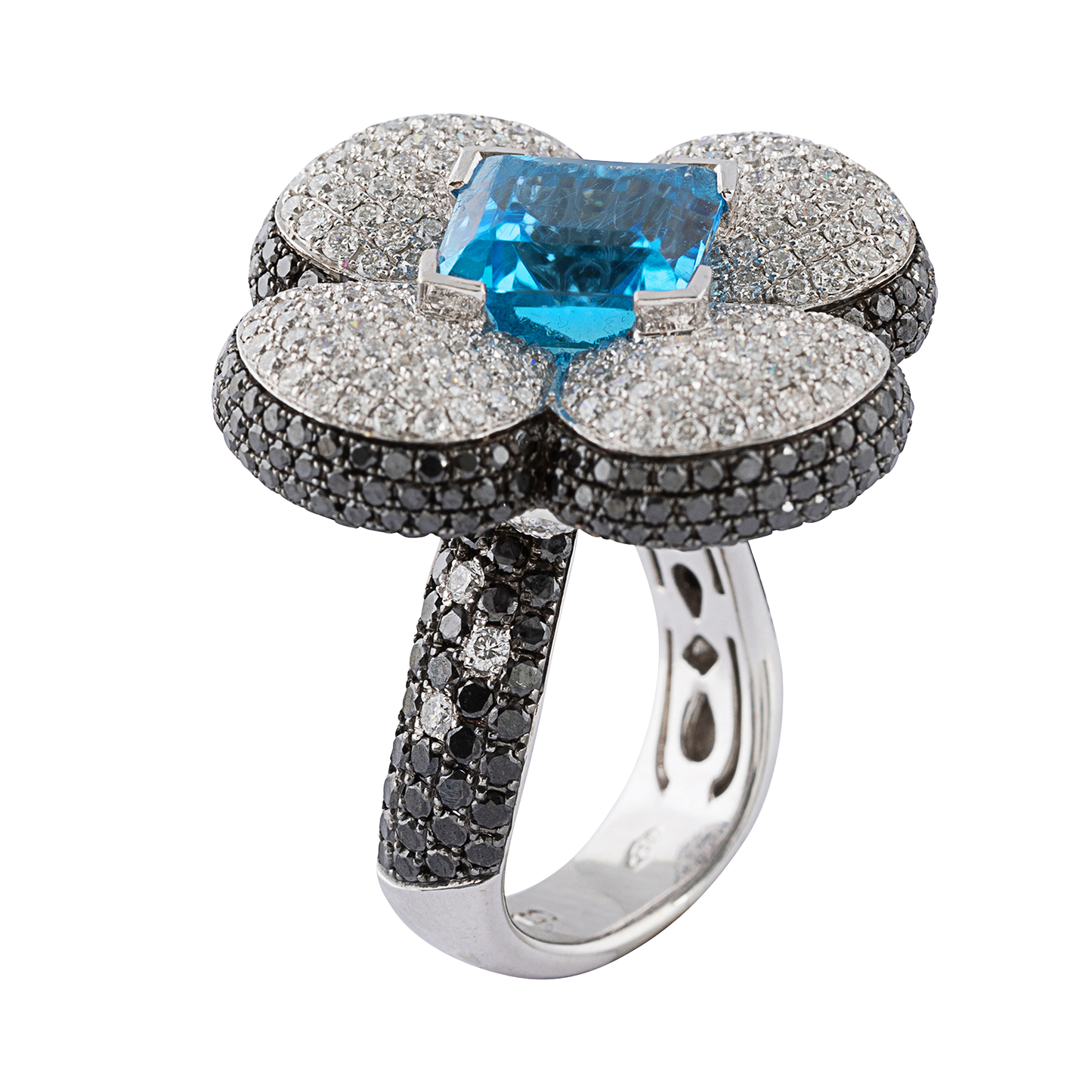 Large Flower Ring with blue topaz, Pave white and black diamond ring