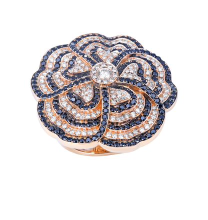 White and black diamond rose gold ring