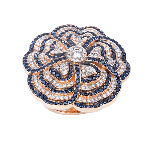 White and black diamond rose gold ring