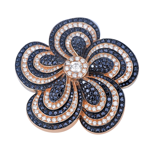 White and black diamond five petal ring
