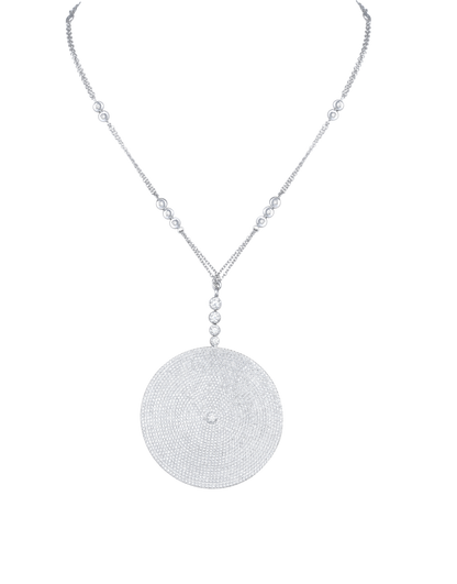 Large circular disc pave diamond pendant on diamond chain