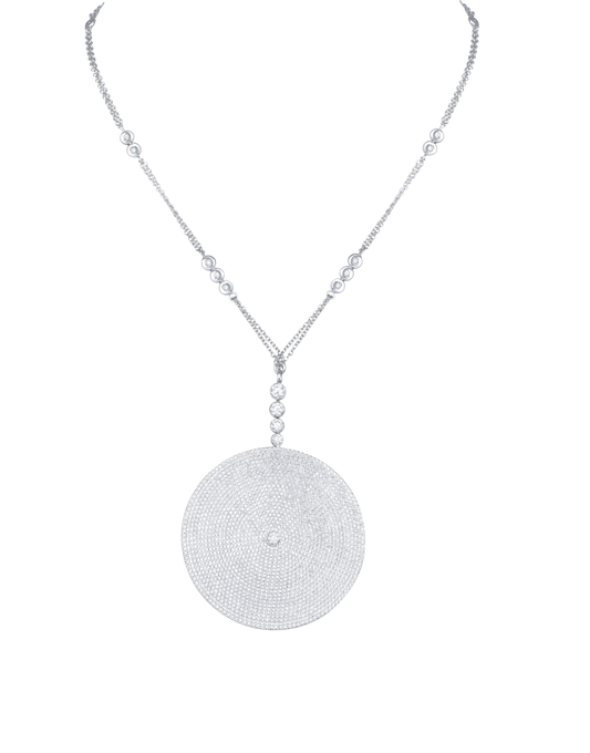 Large circular disc pave diamond pendant on diamond chain
