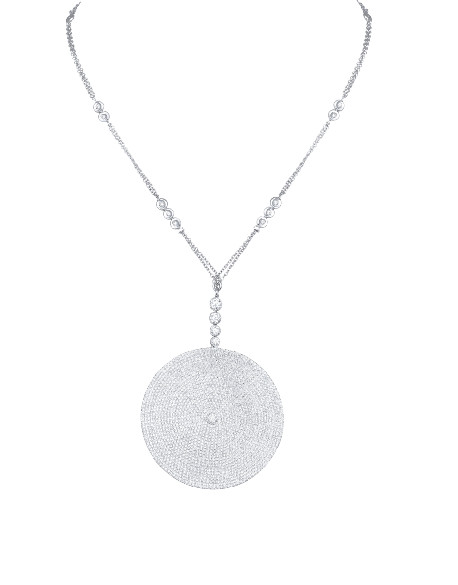 Large circular disc pave diamond pendant on diamond chain