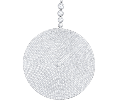 Large circular disc pave diamond pendant on diamond chain