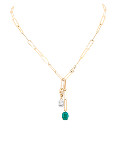 Emerald and diamond pendant on Link chain