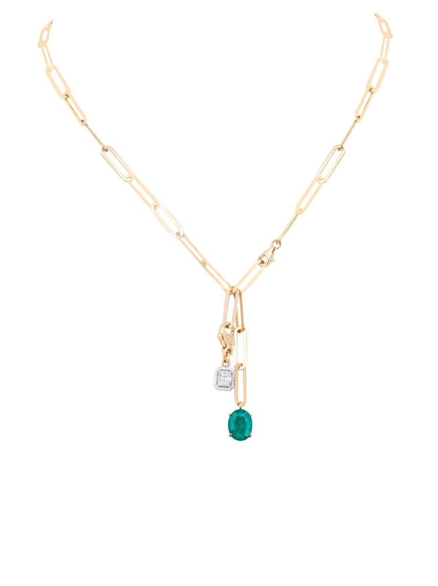 Emerald and diamond pendant on Link chain
