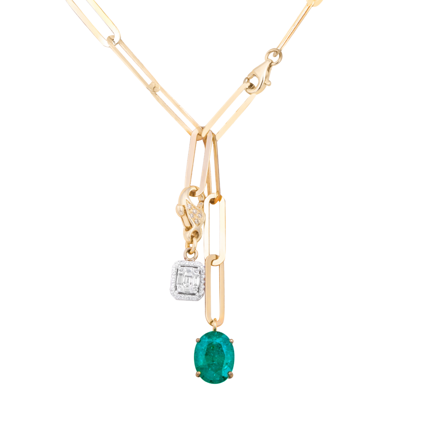 Emerald and diamond pendant on Link chain