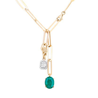 Emerald and diamond pendant on Link chain