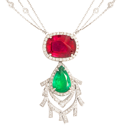 Tourmaline, emerald and diamond necklace