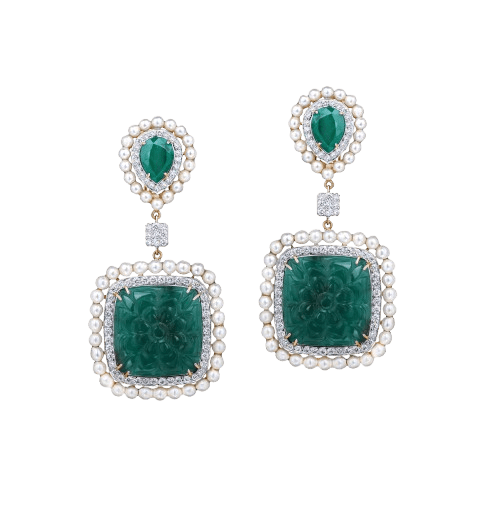Important carved emerald earrings with diamonds and pearls
