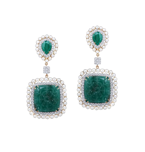 Carved Emerald, Diamond, Pearl, and Gold Earrings