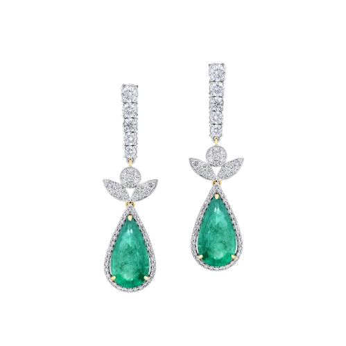 Pear-shaped Emerald and Diamond long earrings