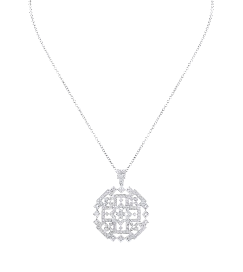 Baroque inspired white diamond pendant with filigree work in white gold hung from chain