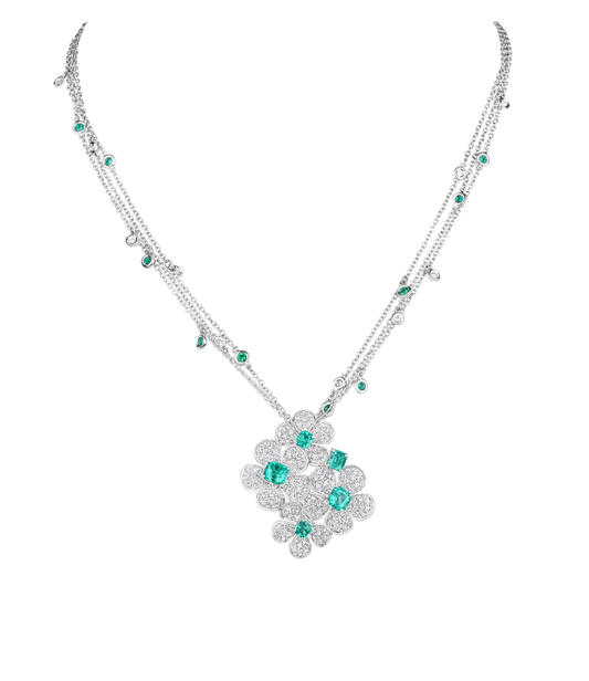 Emerald and Diamond flowers pendant on multiple chains with Diamonds and Emeralds