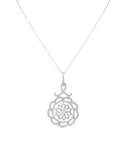 Flower pendant in white gold and white diamonds with filigree work hung from gold chain