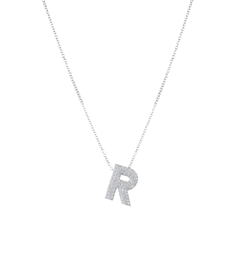 Small R Alphabet pendant hung on chain In white gold and White diamonds