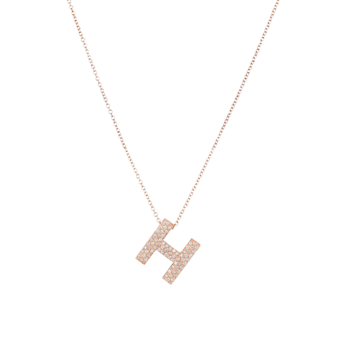 Small H Alphabet pendant hung from chain In rose gold, Champagne Diamonds And white diamonds