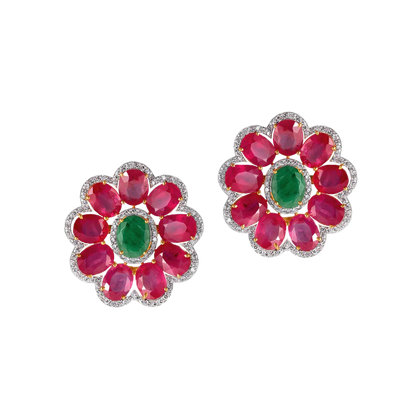 Ruby, Emerald and Diamond Flower Design Earrings