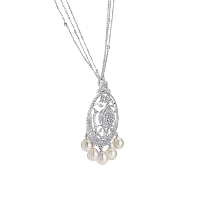 3 Line Diamond Chain with Diamond & Pearl Pendant
