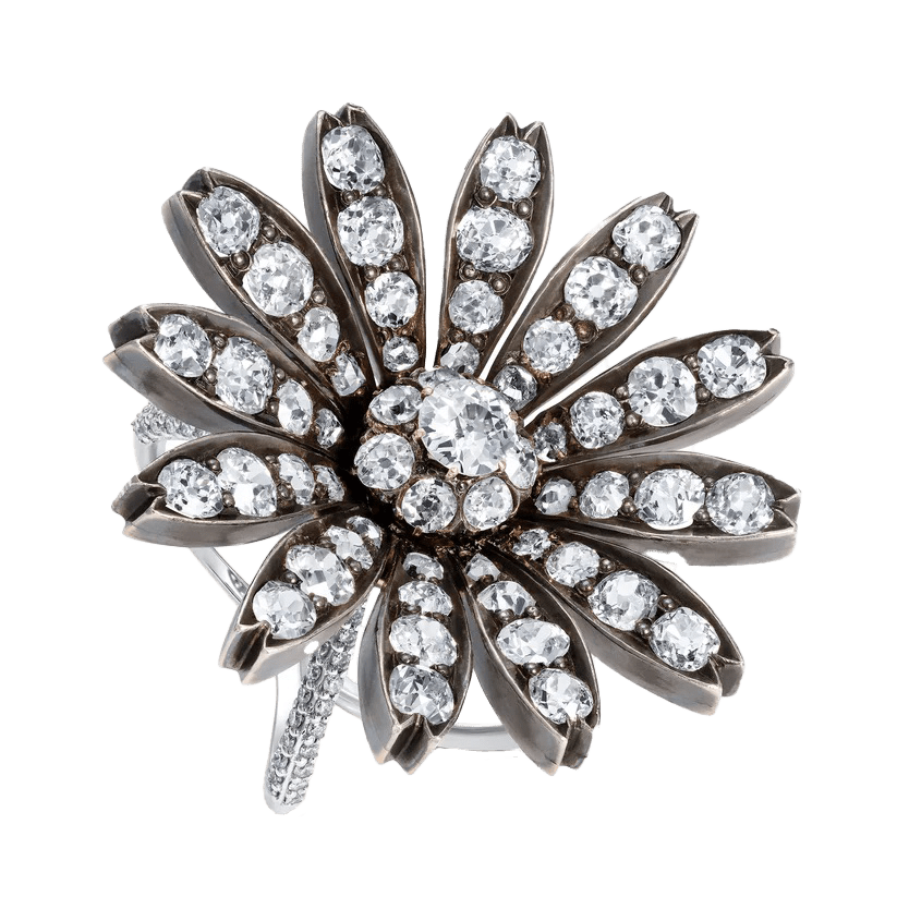 European Cut Diamond Ring Top 
Part of the Ring, the Flower is made with 
European Diamonds, 16 cts gold
