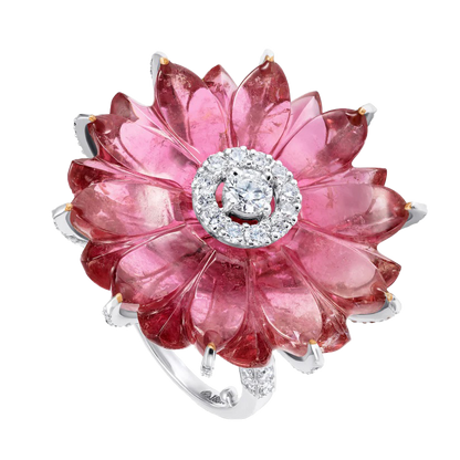 Single Carved Tourmaline Flower ring with Diamonds