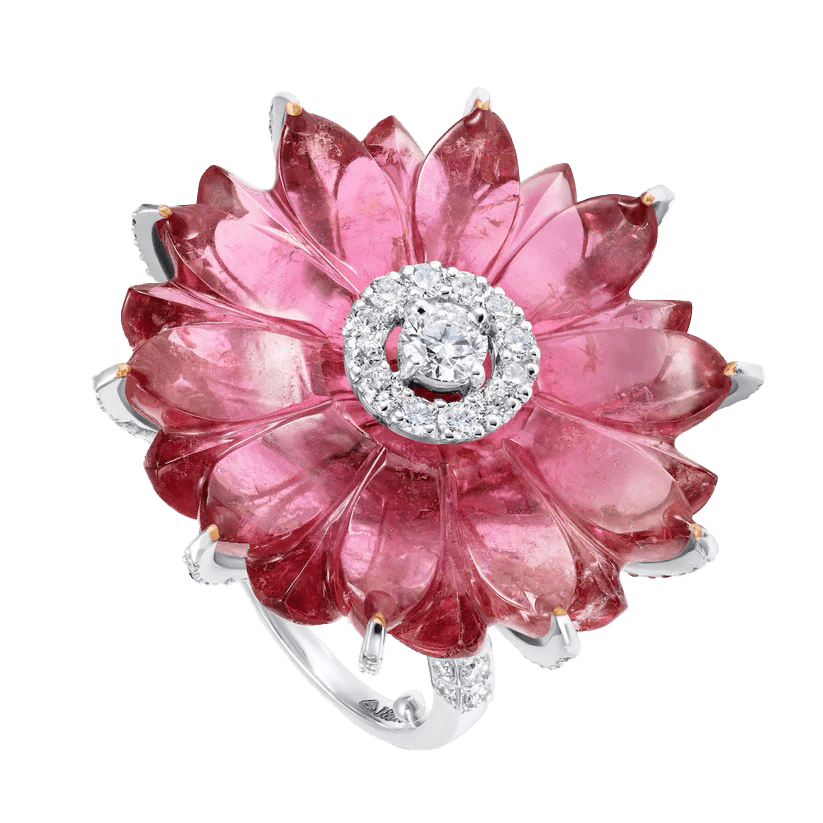 Single Carved Tourmaline Flower ring with Diamonds