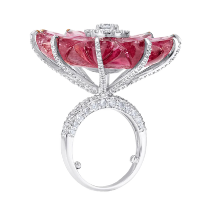 Single Carved Tourmaline Flower ring with Diamonds