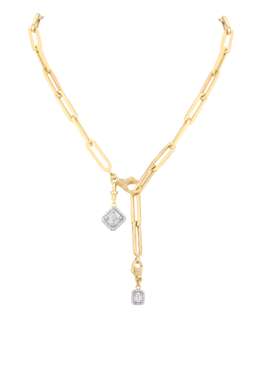 Yellow Gold Link Chain with  Two Invisible Diamond Pendant  Hanging from Clasps