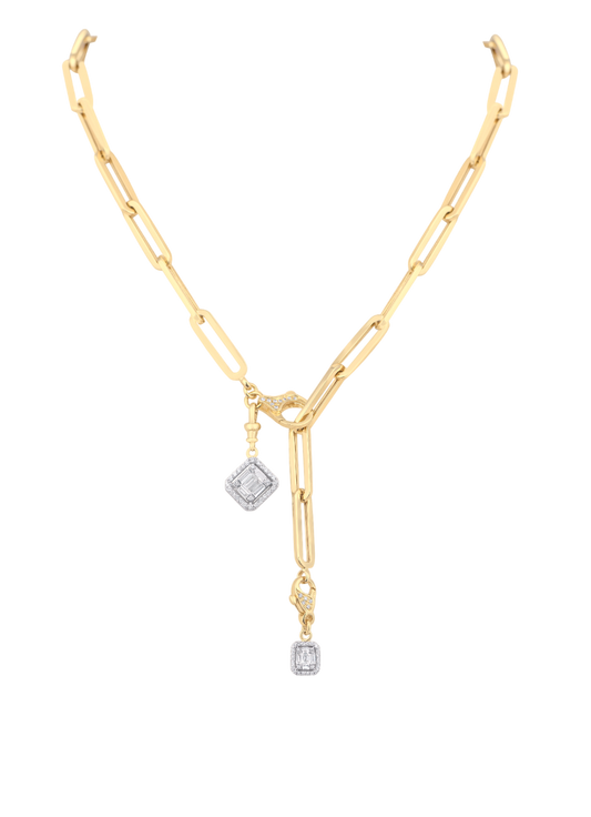 Yellow Gold Link Chain with  Two Invisible Diamond Pendant  Hanging from Clasps