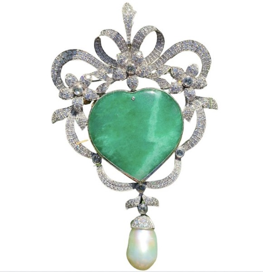 Large Emerald Heart  Shaped Pendant and Brooch with  Diamond and Pear