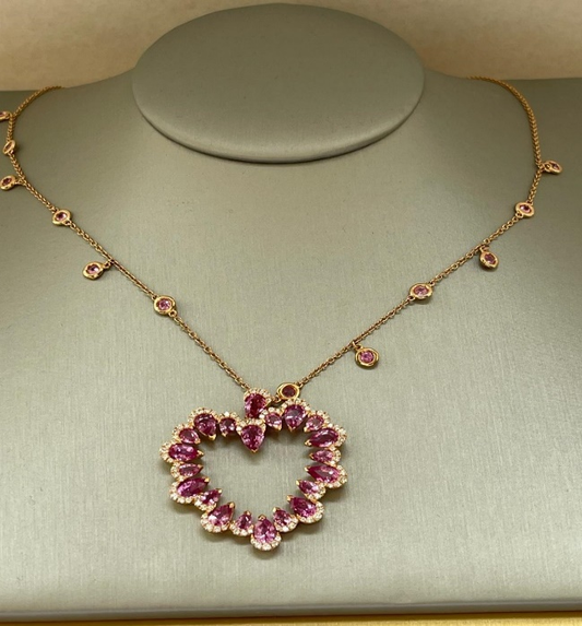 Heart shape pink Sapphire and diamond rose gold pendant chain