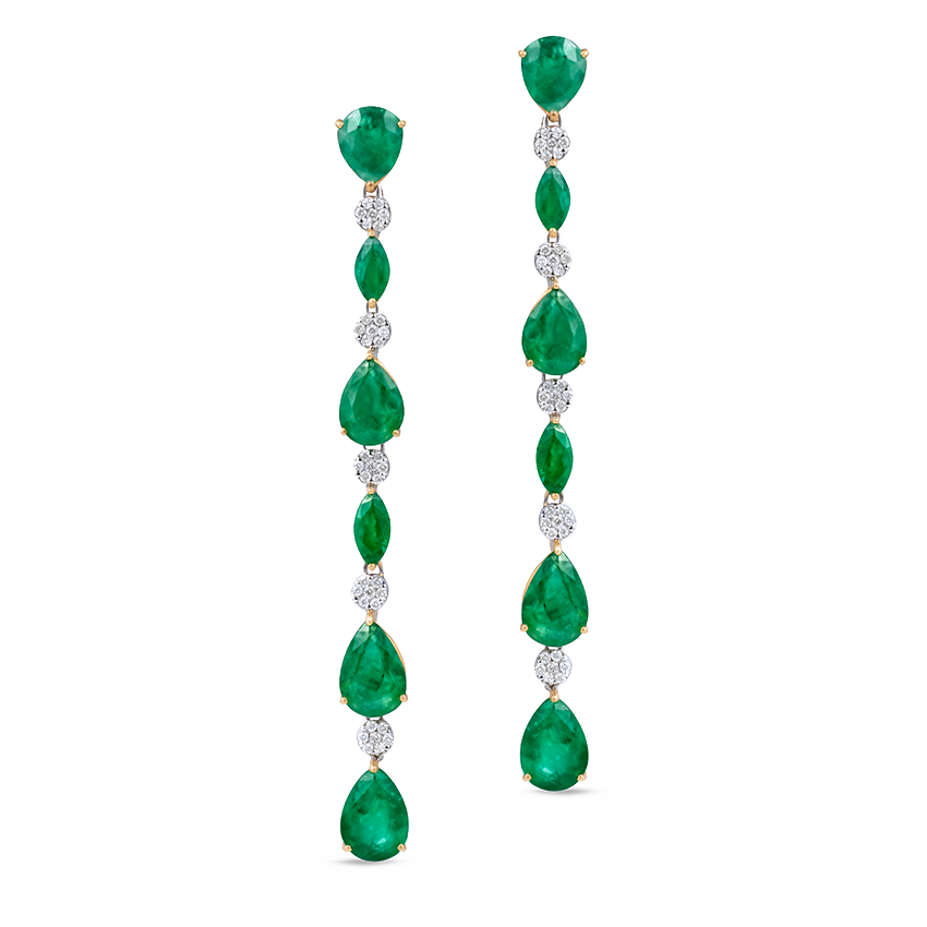 Emerald and Diamond Long, Single Line Earrings