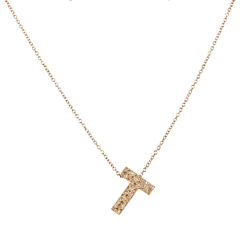 Rose Gold Small T Alphabet Pendant Chain in Champagne and White Diamonds