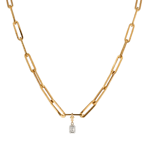 Yellow Gold Link Chain with Small Invisible Diamond Pendant Hanging from Clasps