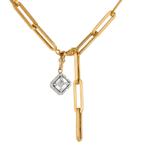 Yellow Gold Link Chain with Large Invisible Diamond Pendant Hanging from Clasps