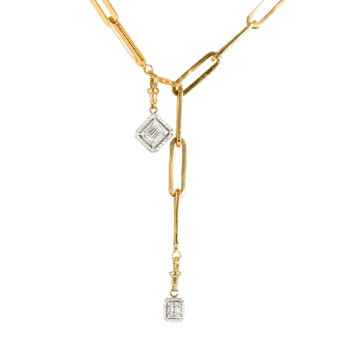 Yellow Gold Link Chain with Two Invisible Diamond Pendant Hanging from Clasps