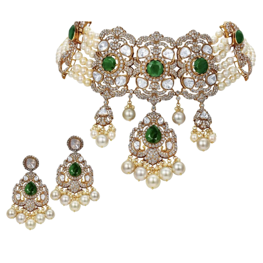 Champagne Diamonds, uncut Diamonds and Emerald Necklace and Earrings
