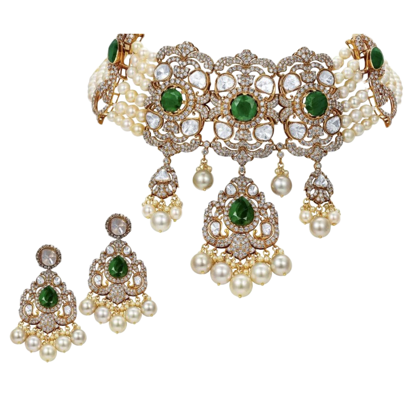 Champagne Diamonds, uncut Diamonds and Emerald Necklace and Earrings