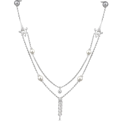 Pearl and Diamond Sautoir Necklace with Diamond Roundules, South Sea Pearls and Rose Cut Diamonds
