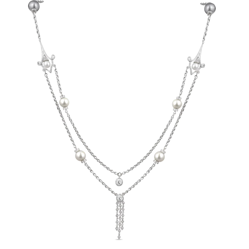 Pearl and Diamond Sautoir Necklace with Diamond Roundules, South Sea Pearls and Rose Cut Diamonds