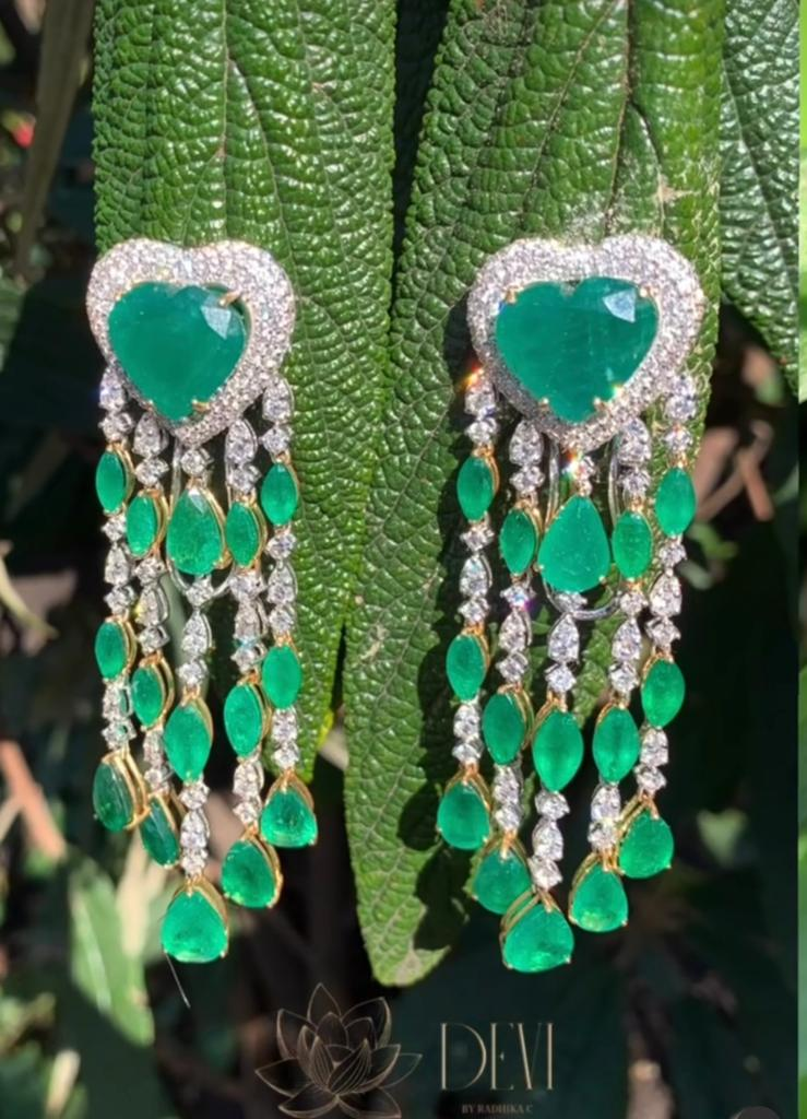 Heart shaped Emerald with Diamond and Emerald with 5 line earrings