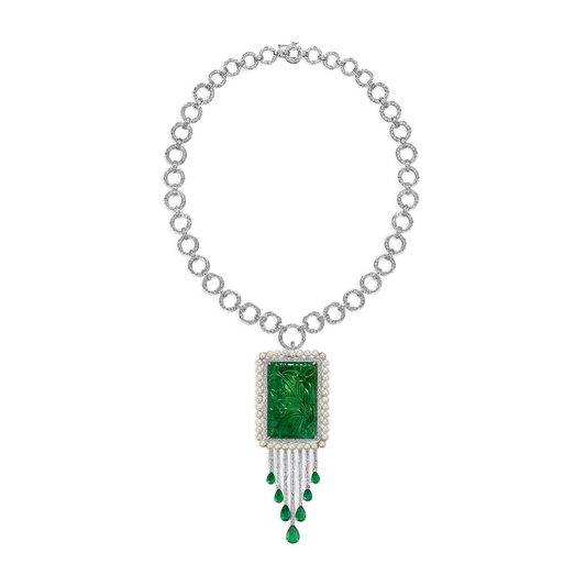 Carved emerald with diamond necklace