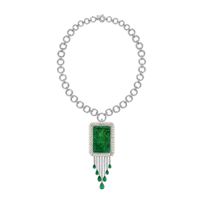Large Carved Emerald Pendant and Brooch with Diamond Circle Necklace