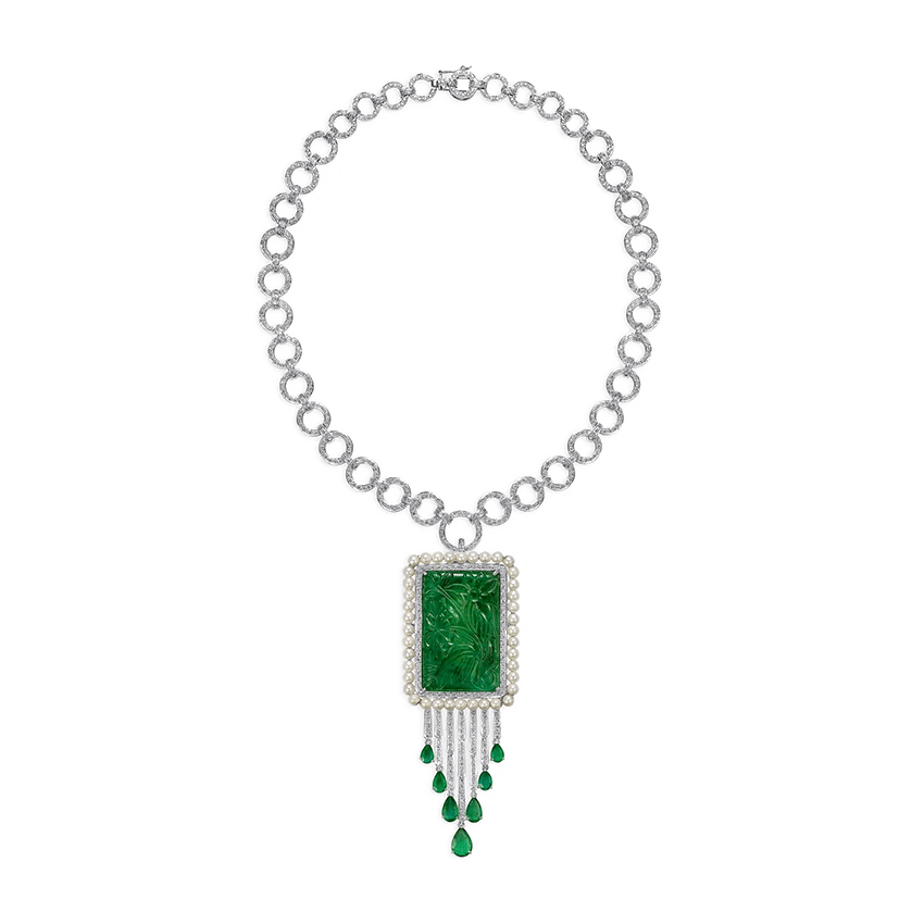 Large Carved Emerald Pendant and Brooch with Diamond Circle Necklace