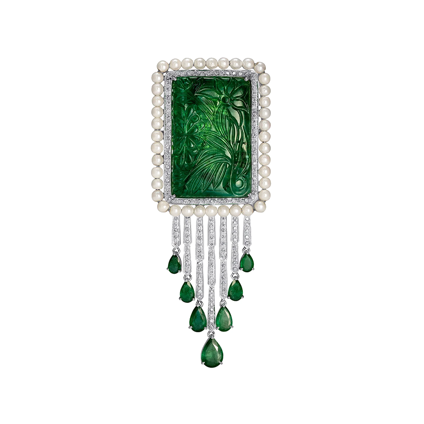 Carved emerald with diamond necklace