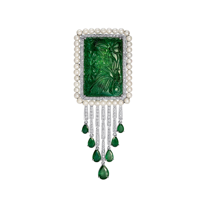 Large Carved Emerald Pendant and Brooch with Diamond Circle Necklace