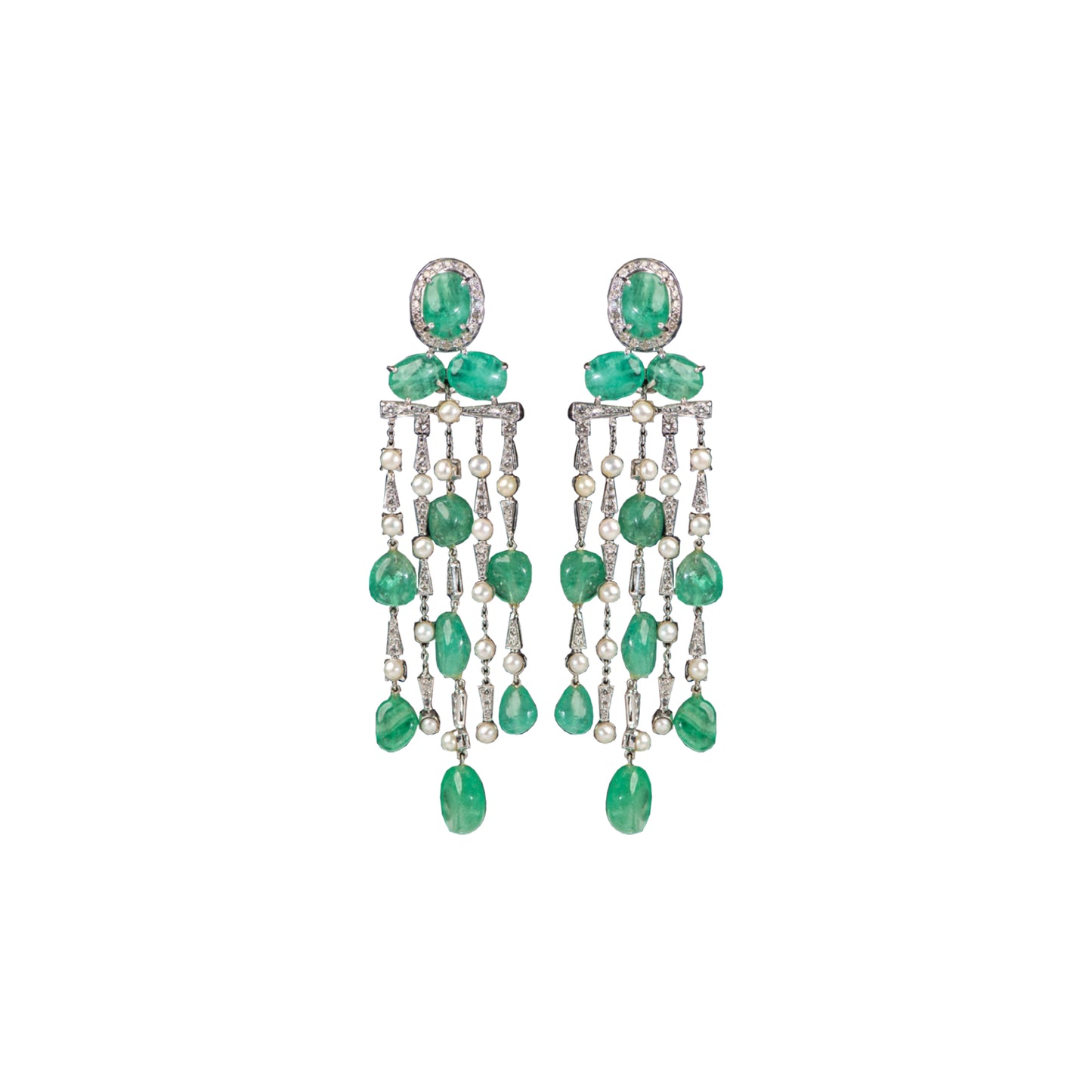 Long Emerald Pearl & Diamond Dangling Earrings