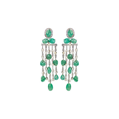 Emeralds, Pearl & Diamond long  Earrings
